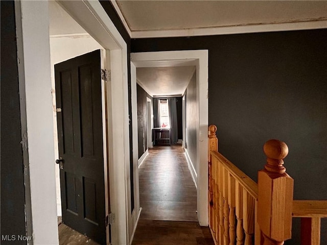 hallway featuring crown molding and wood-type flooring