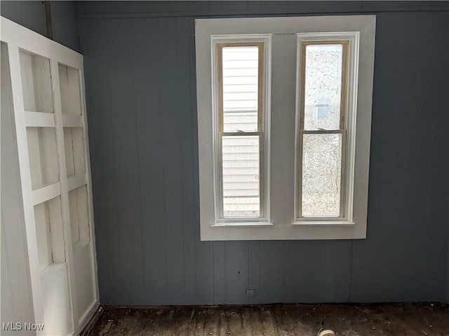 empty room featuring a wealth of natural light and wooden walls