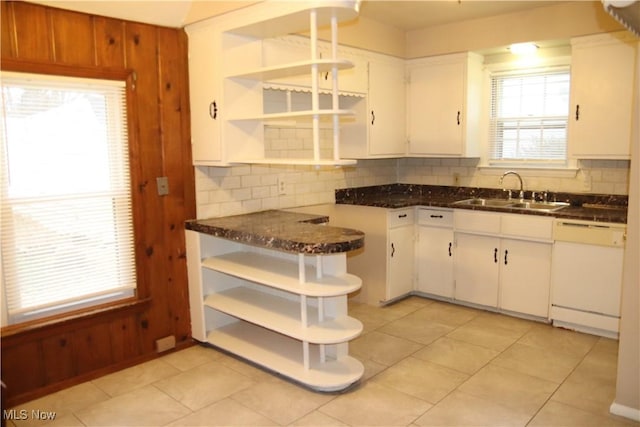 kitchen featuring dishwasher, white cabinets, sink, tasteful backsplash, and plenty of natural light