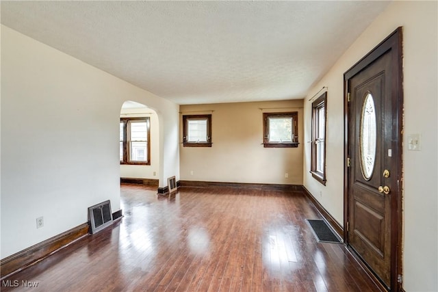 foyer with dark hardwood / wood-style flooring, plenty of natural light, and a textured ceiling