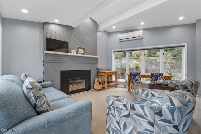 carpeted living room with a brick fireplace and a wall unit AC