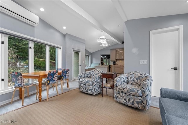 living room with an AC wall unit, vaulted ceiling with beams, and light wood-type flooring