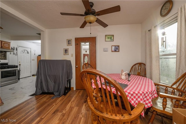 dining area with light wood-type flooring and ceiling fan