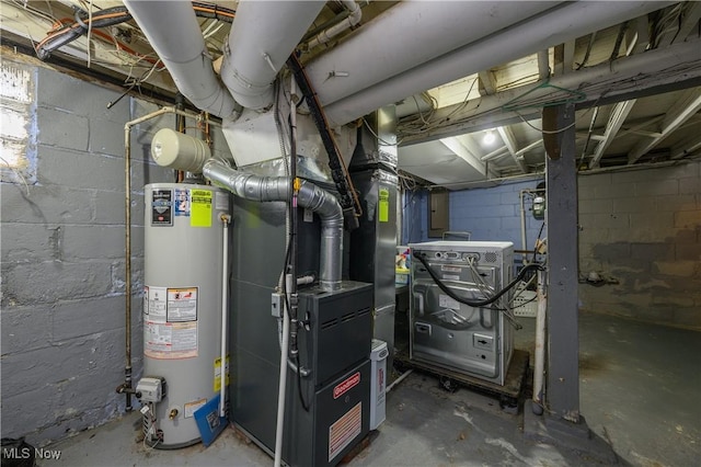 utility room featuring heating unit and water heater