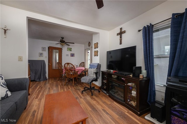 living room featuring hardwood / wood-style flooring and ceiling fan