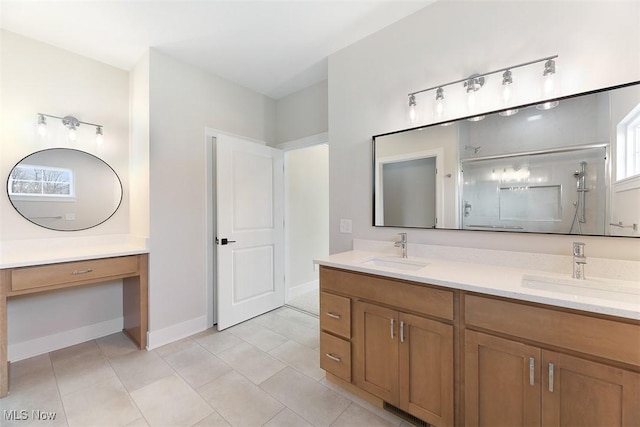 583 Iris Pl, Aurora, OH 44202 - bathroom with double vanity, a shower stall, and tile patterned flooring