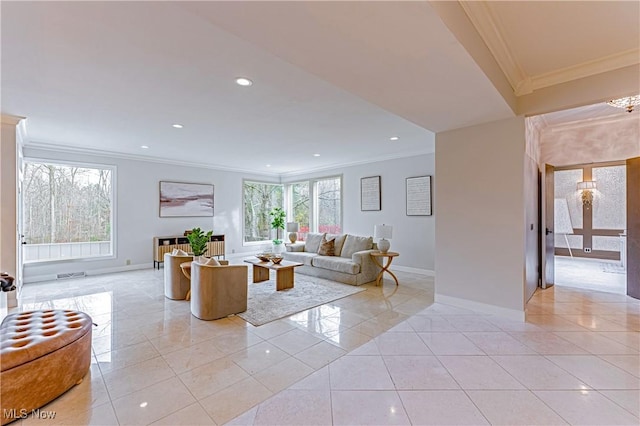 living room with crown molding and light tile patterned floors