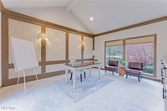 office area featuring lofted ceiling with beams and light carpet