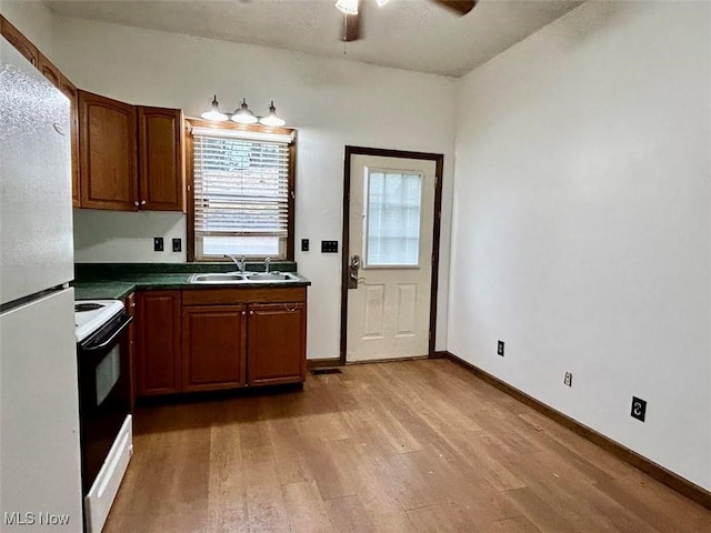 kitchen with hardwood / wood-style floors, white appliances, and sink