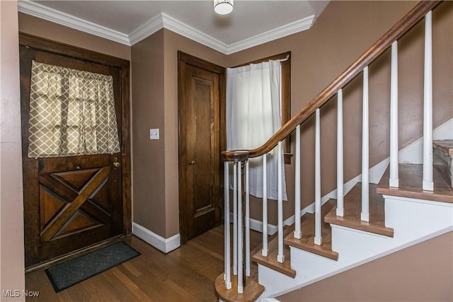 entrance foyer featuring wood-type flooring and crown molding