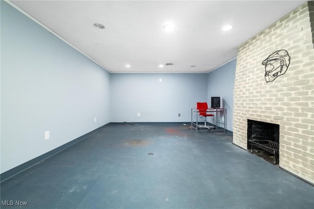 interior space featuring a fireplace and crown molding