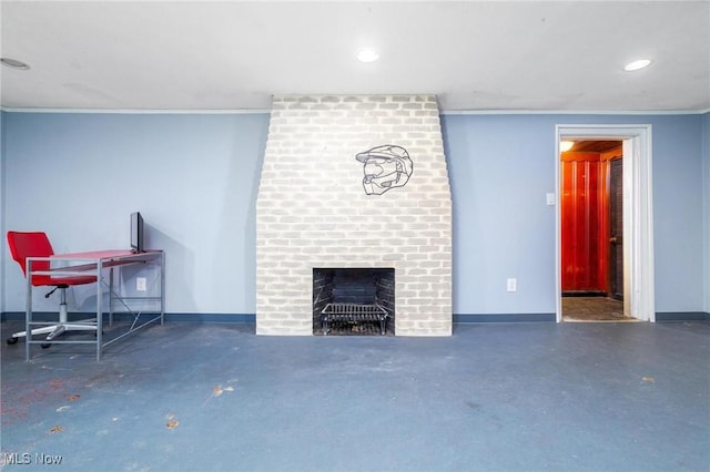 unfurnished living room with ornamental molding and a brick fireplace