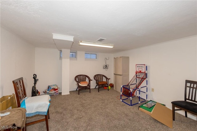 playroom with a textured ceiling and carpet floors