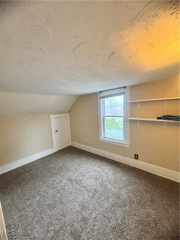 bonus room with carpet, a textured ceiling, and vaulted ceiling