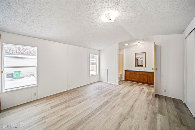 interior space with vaulted ceiling, a textured ceiling, and light wood-type flooring