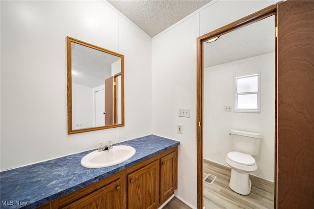 bathroom with vanity, wood-type flooring, toilet, and a textured ceiling