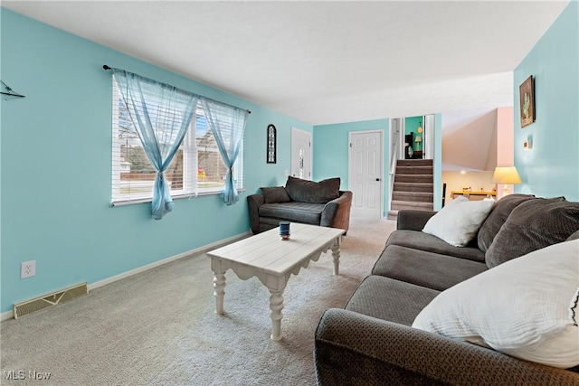 living room with light colored carpet