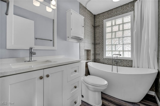 bathroom featuring a washtub, hardwood / wood-style floors, vanity, and plenty of natural light