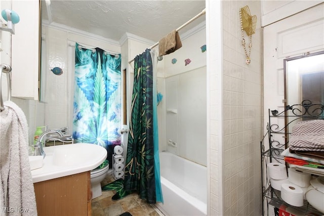 full bathroom with shower / bath combination with curtain, vanity, toilet, and crown molding