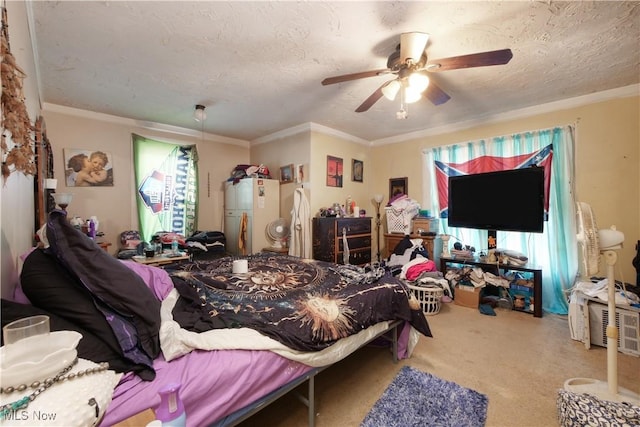 bedroom featuring multiple windows, a textured ceiling, and ceiling fan