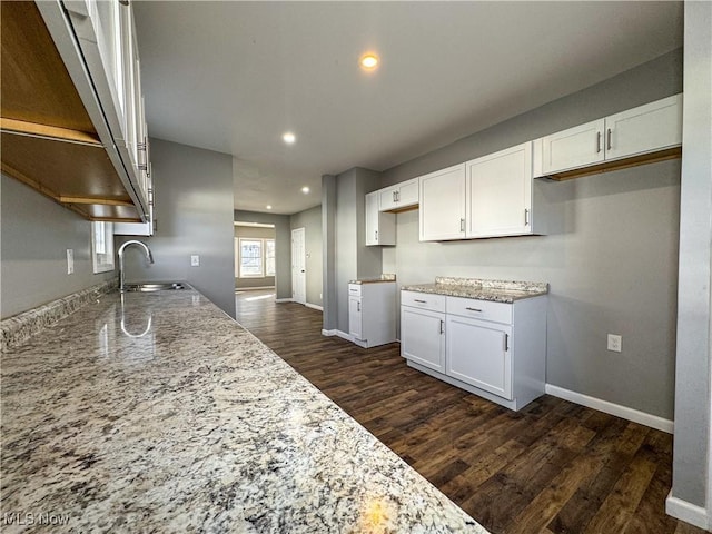 kitchen featuring white cabinetry, sink, light stone counters, and dark hardwood / wood-style floors