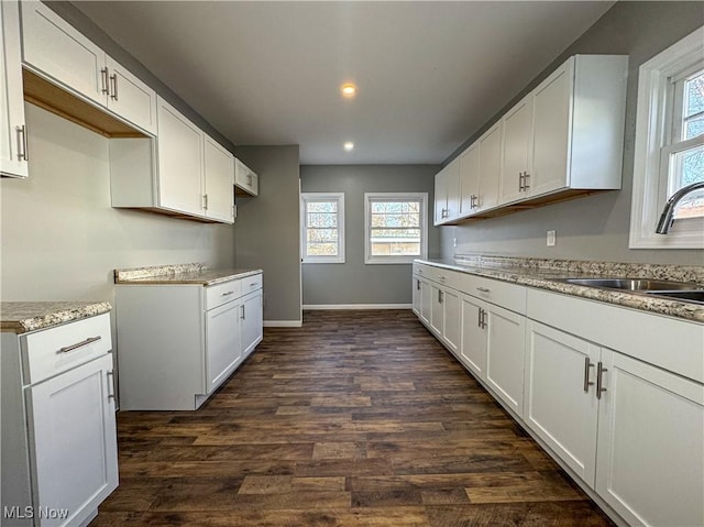 kitchen with white cabinets, dark wood-type flooring, and sink