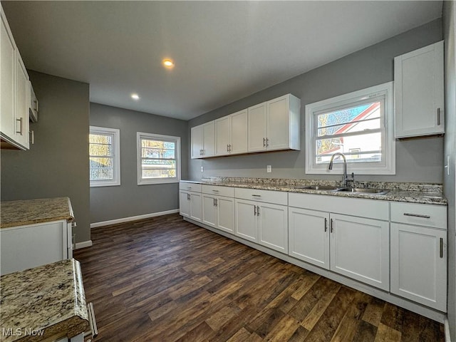 kitchen with plenty of natural light, dark hardwood / wood-style flooring, white cabinetry, and sink