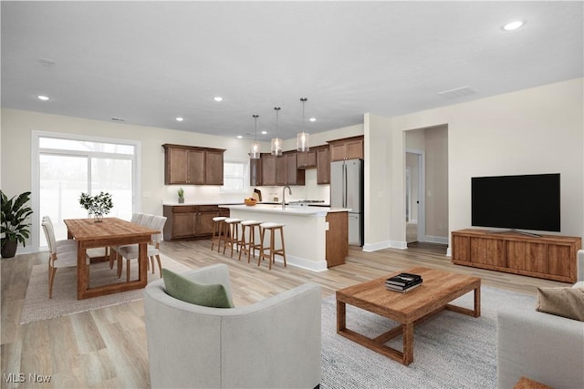 living room with light hardwood / wood-style floors, plenty of natural light, and sink