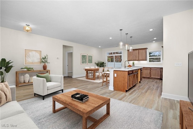 living room with light hardwood / wood-style floors and sink