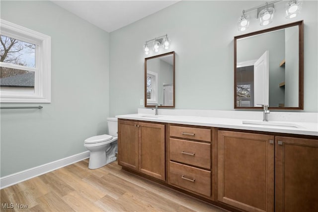 bathroom with vanity, toilet, and wood-type flooring