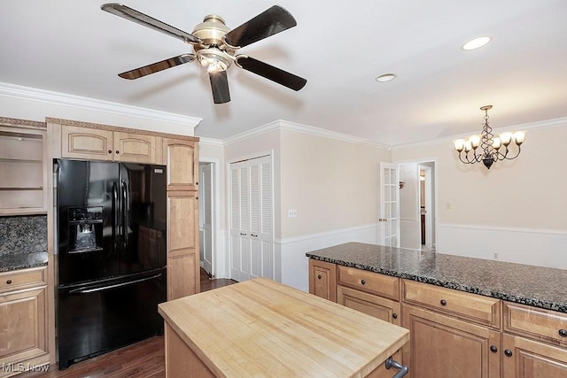 kitchen featuring light brown cabinetry, black refrigerator with ice dispenser, dark wood-type flooring, and crown molding