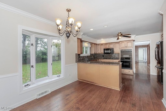 kitchen featuring kitchen peninsula, dark hardwood / wood-style flooring, a healthy amount of sunlight, and black appliances