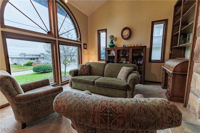 living room featuring high vaulted ceiling