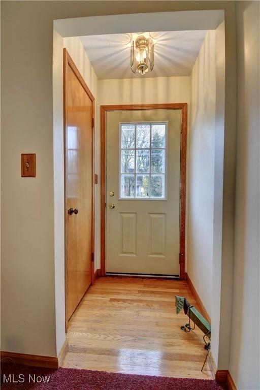 doorway to outside with light wood-type flooring