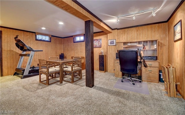 office space with wood walls, ornamental molding, light carpet, and track lighting