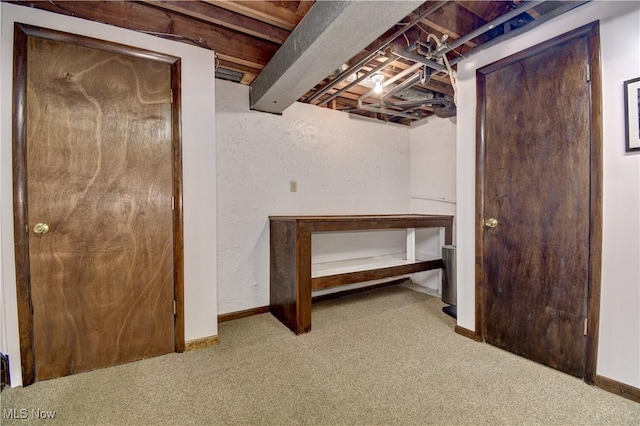 basement featuring light colored carpet