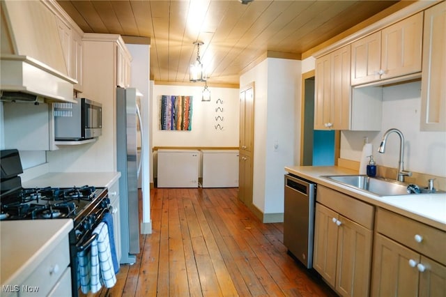 4101 Canfield Rd, Canfield, OH 44406 - kitchen featuring stainless steel appliances, custom range hood, hardwood / wood-style flooring, light countertops, and wooden ceiling