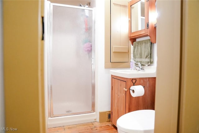 4101 Canfield Rd, Canfield, OH 44406 - bathroom featuring a stall shower, vanity, and wood finished floors