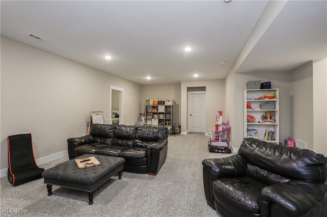 living room featuring light colored carpet