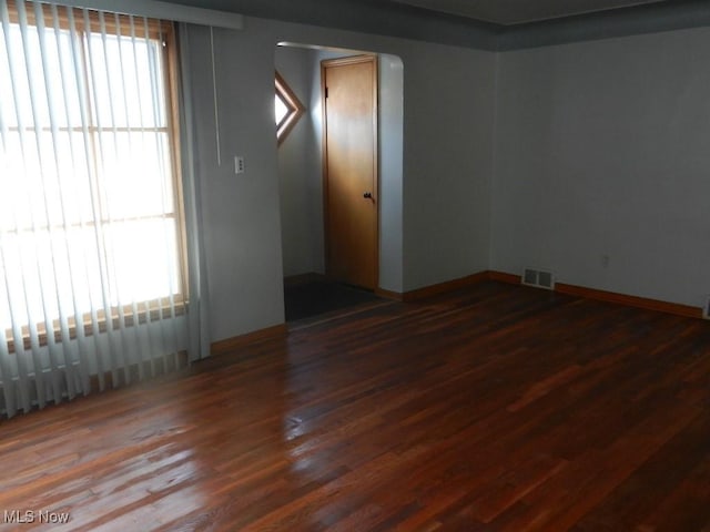 spare room featuring a healthy amount of sunlight and dark wood-type flooring