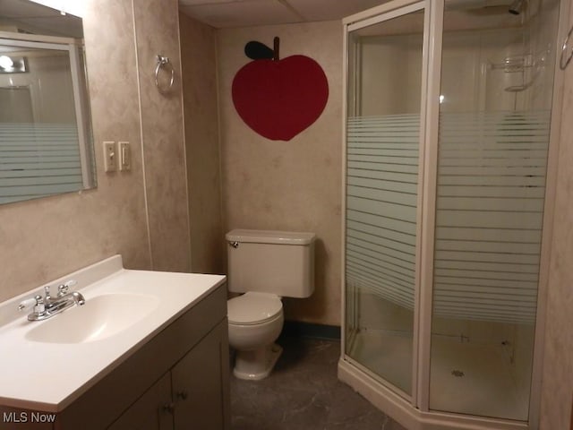 bathroom with vanity, toilet, and a shower with door