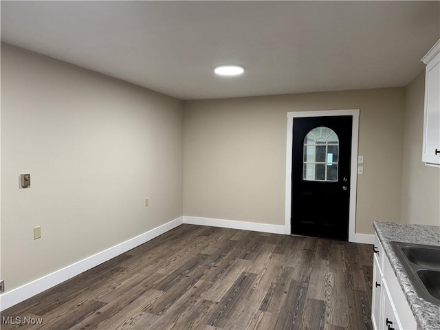 foyer entrance featuring sink and dark wood-type flooring