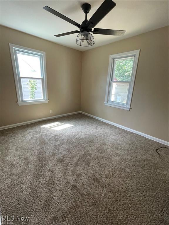 carpeted empty room featuring a wealth of natural light and ceiling fan