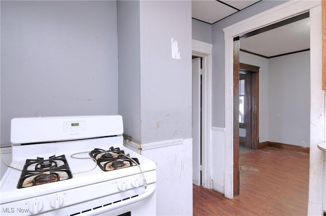 kitchen featuring hardwood / wood-style floors and white gas range oven