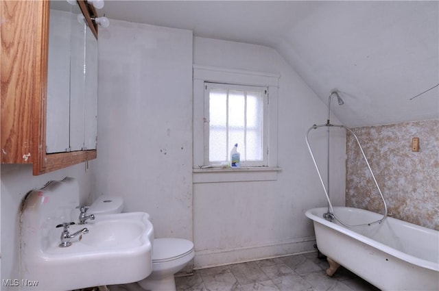 bathroom with sink, a bathtub, vaulted ceiling, and toilet