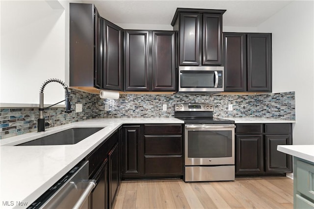 kitchen featuring decorative backsplash, sink, light hardwood / wood-style flooring, and appliances with stainless steel finishes