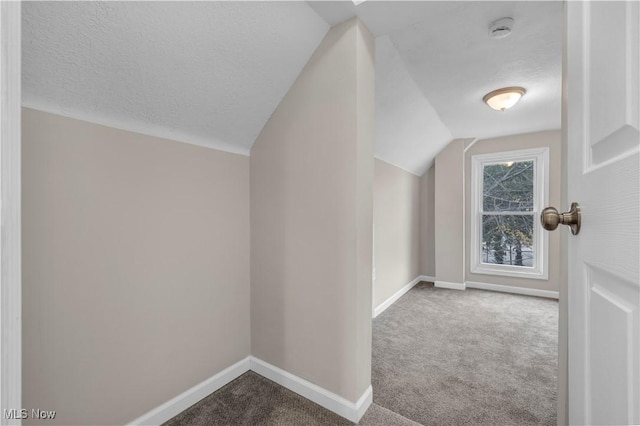 bonus room with carpet flooring, a textured ceiling, and lofted ceiling