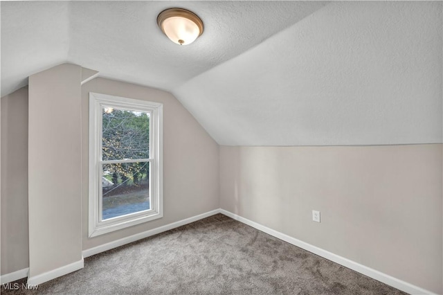 additional living space featuring carpet flooring, lofted ceiling, and a textured ceiling