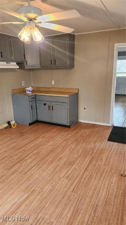 kitchen featuring gray cabinets, ceiling fan, and light hardwood / wood-style flooring