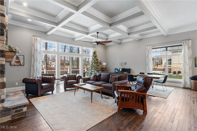 living room featuring beam ceiling, hardwood / wood-style flooring, and plenty of natural light